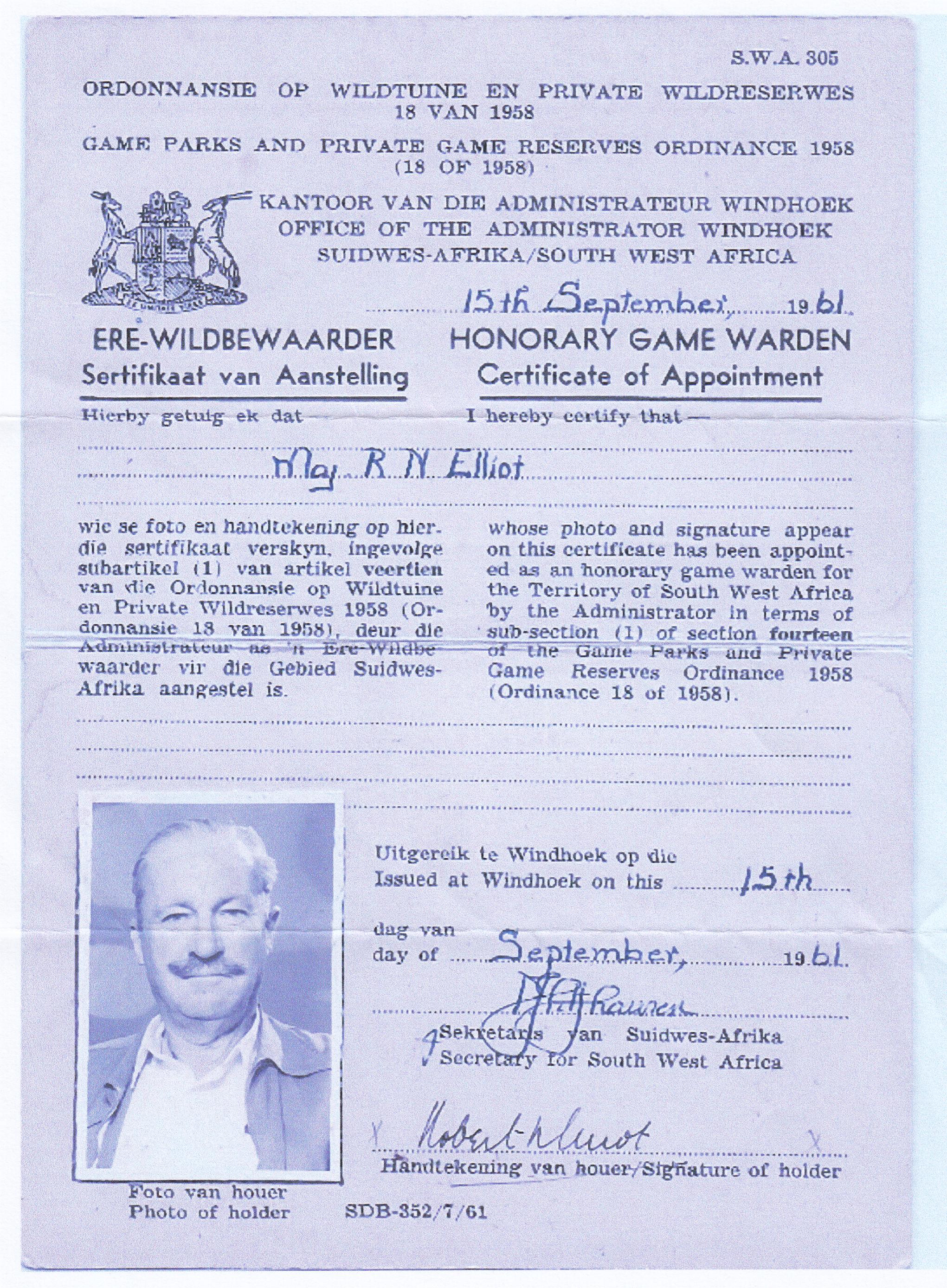 History of Otjiwa Lodge: certificate